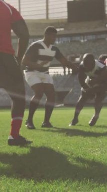 Animation of glowing lights over diverse rugby players in sports stadium. rugby, teamwork, sports and competition concept digitally generated video.