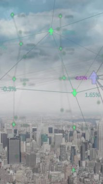 Animation of connections and data processing over cityscape. Global business, finances, computing and data processing concept digitally generated video.