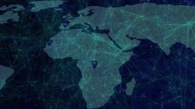 Teal 'in ağ aydınlatması Afrika' nın ana hatlarını, pimlerin düşüşünü ve titreşim şebekesinin veri akışını gösteriyor. Coğrafya, dijital, bağlantı, teknoloji, küresel, soyut, fütürist