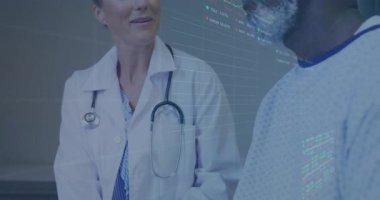 Doktor hasta elini sıkar ve holografik grafikleri hastaya anahtar yüzdelerle bildirir. Tıbbi, sağlık, teknoloji, yenilik, analiz, iletişim, veri görselleştirmesi