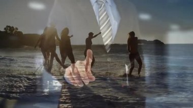 Sunset Beach Tıklama Paneli 'nde çalışan takım elbiseli bir işadamı, UI' nin arkadaşlık ağını ön plana çıkarıyor. Teknoloji, bağlantı, dijital, iletişim, yenilik, takım çalışması, açık hava