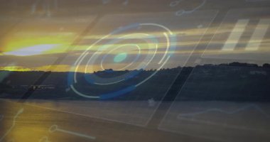 Güneş ufuk çizgisini başlatarak suyun üzerinde kayboluyor ve merkez odak noktasında titreşen halkalar var. Manzara, gelecekçilik, görselleştirme, dinginlik, teknoloji, alacakaranlık, yansıma