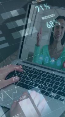 Animation of financial graphs and data over hands of caucasian businesswoman having video call. economy, finance and business concept digitally generated video.