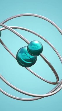 Mavi arka planda dönen atom modelinin animasyonu. Küresel bilim, araştırma, bağlantılar, hesaplama ve veri işleme kavramı dijital olarak oluşturulmuş video.