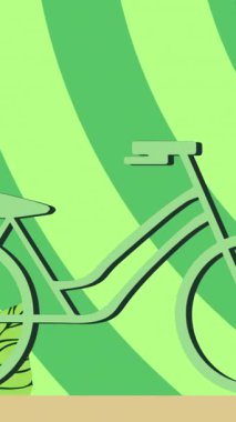 Bitkilerin ve yeşil çizgili arka planda hareket eden motorun animasyonu. Yeşil ulaşım, seyahat ve boş zaman konsepti dijital olarak oluşturulmuş video.