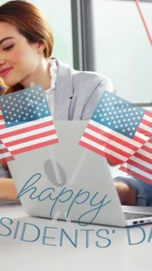 ABD bayraklarının canlandırılması ve çeşitli iş adamları yerine mutlu başkanlar günü. Amerikan vatanseverliği, kutlama ve iş konsepti dijital olarak oluşturulmuş video.