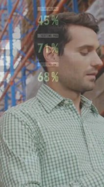 Kafkasyalı depo çalışanı üzerinden finansal veri işleme animasyonu. küresel gönderim, dağıtım, iş, veri işleme ve teknoloji konsepti dijital olarak oluşturulmuş video.