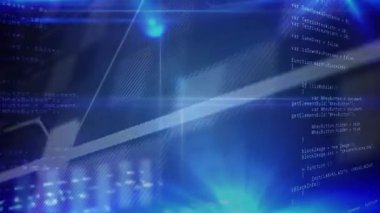 Mavi tarama çubukları açılıyor ve metin soluk çizgi grafik izleme ve çubuklar gösterge paneli için yükseliyor. Gelecek, veri, görselleştirme, teknoloji, dijital arayüz, analiz