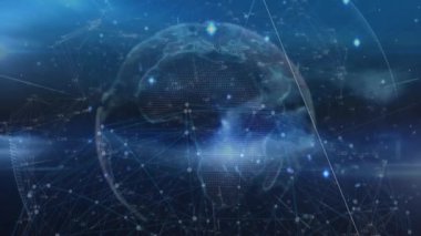 Noktalar, titreşen örtüler, dönen, görselleştiren ağlar yoluyla evrimleşen loş kablo küresi. Futuristik, teknoloji, animasyon, analitik, veri görselleştirme, dijital, ağ