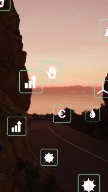 Animation of sustainability and ecology icons over landscape. Ecology, sustainability and data processing concept digitally generated video