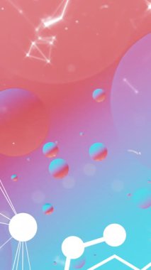 Kimyasal formülün animasyonu ve renkli arka planda köpüklerin üzerinde DNA ipliği. Bilim, tıp ve dijital arayüz kavramı dijital olarak oluşturulmuş video.