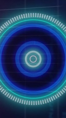 İstatistiksel ve borsa veri işleme üzerinde dönen neon yuvarlak tarayıcının animasyonu. Küresel ekonomi ve iş veri teknolojisi kavramı