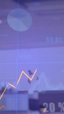 Animation of financial data processing over office. Global business, finance, computing and data processing concept digitally generated video.