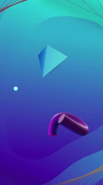 Soyut mavi arkaplan üzerinde dönen 3d mavi ve mor şekillerin animasyonu. Özet, ağ, işlem, veri, bağlantı ve iletişim, dijital olarak oluşturulmuş video.