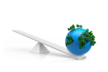 Yeşil ağaç kümeleri olan dünya küresi, beyaz ışın üzerinde üç boyutlu tasarım ile dengeleniyor, kopyalama uzayı. Sürdürülebilirlik, çevre, ekoloji, yenilik, minimalizm, dijital sanat, küresel