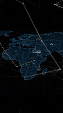 Animation of network of connections over world map on black background. Global connections, computing and digital interface concept digitally generated video.
