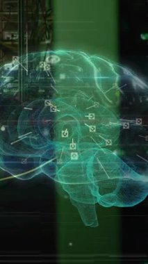 Animation of light trails and digital brain over asian hacker in server room. Global technology, online security and digital interface concept digitally generated video.