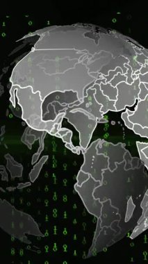 Siyah arkaplanda veri işleme ve küre animasyonu. küresel iş ve dijital arayüz kavramı dijital olarak oluşturulmuş video.