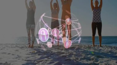 Dört kadından oluşan bir grup, değişen holografik küreye sağlıklı yaşam için yoga yapıyorlar. Sağlık, ahenk, farkındalık, dijital bağlantı, açık hava, sükunet