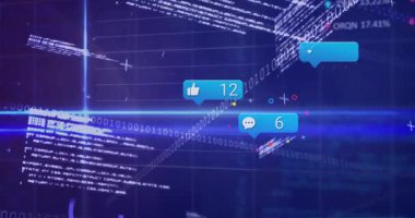 Parlak ışın süpürme merkezi, ikonlar ortaya çıkıyor, sayıları güncelliyor ve ikili veri matrisi üzerinde sürükleniyorlar. Veri, dijital, teknoloji, analiz, ağ, iletişim, fütüristik