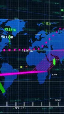 Finansal veri işleme animasyonu dünya haritasında siyah arka planda. Küresel finans, iş, bağlantılar, hesaplama ve veri işleme kavramı dijital olarak oluşturulmuş video.