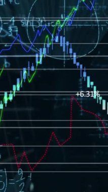 Borsa bilgilerinin animasyonu, matematiksel formüller, veri işleme ve dijital bilgi akışı. Dijital olarak oluşturulan küresel ağ, finans ve veri işleme kavramı.