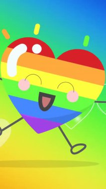 Gökkuşağı arka planında gülümseyen gökkuşağı kalbinin animasyonu. Gurur ayı, lgbtq, insan hakları ve eşitlik kavramı dijital olarak oluşturulmuş video.