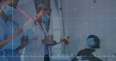 Kırmızı grafik zirvesi olarak notları durduran doktor hemşirenin tıbbi gözlem için hastaya yönelmesini sağladı. Tıbbi, sağlık, klinik, izleme, tanı, profesyonel, takım çalışması