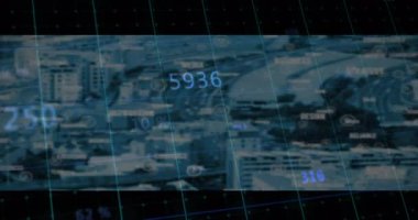 Parlak ızgara hatları sayısal verileri tarıyor, güncelliyor ve görselleştiren şehir verilerini üst üste koyuyor. Gelecek, teknoloji, veri, arayüz, kentsel, dijital, soyut