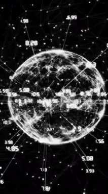 Beyaz noktalar üzerinde veri işleme ve küre animasyonu. Teknoloji ve dijital arayüz kavramı dijital olarak oluşturuldu.