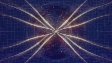 Altın enerji çekirdeği görünür ve parlar, veri akışı için mavi ızgaralarda titreşen ışınlar gönderir. Fütürist, teknoloji, dijital, soyut, yenilik, bağlantı, canlı