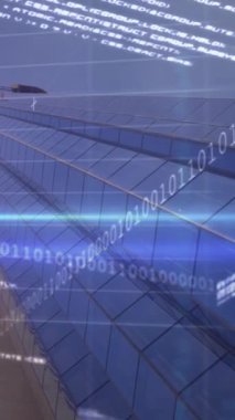 Animation of stock market data processing and light trails against low angle view of tall building. Global economy and business technology concept