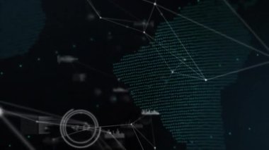 3 boyutlu kesişen çizgiler genişleyen ağı görselleştirmek için veri panellerini birbirine bağlayan dönen dünyayı başlatıyor. Gelecek, teknoloji, veri, dijital, yenilik, soyut, bağlantı