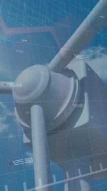 Animation of statistical data processing over spinning windmill against blue sky. Renewable energy and business data technology concept