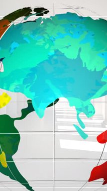 Beyaz arkaplana karşı dönen renkli dünyanın dijital animasyonu. Her kıtada farklı renkte 4k var.