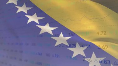 Sol çerçeveden yükselen 3 boyutlu Bosna bayrağı, dalgalanan kumaşlar rüzgarda dalgalanırken pazar verileri güncelleniyor. Vatanseverlik, finans, teknoloji, dijital, animasyon, ekonomi, veri