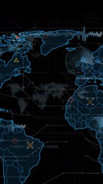 Animation of statistics and data processing over world map. Global science, business, finance, computing and data processing concept digitally generated video.