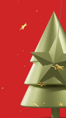 Kırmızı arkaplanda fotokopi alanı ile süslenmiş yıldızların ve karın animasyonu. Noel, gelenek ve kutlama konsepti dijital olarak oluşturuldu.