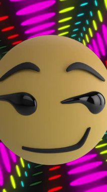 Neon tüneli üzerinde ağlayan emoji ikonu animasyonu. Küresel sosyal medya, dijital arayüz, hesaplama ve veri işleme kavramı dijital olarak oluşturuldu.