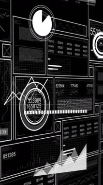 Siyah arkaplanda veri işleme animasyonu. Küresel iş, bilgisayar ve dijital arayüz kavramı dijital olarak oluşturulmuş video.