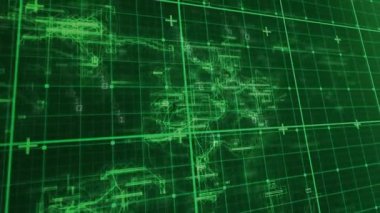 Yeşil ızgaranın doğru şekiller oluşturup çift haneli rakamlar oluşturarak görsel arayüzü oluşturduğunu göstermeye başladığınızda. Teknoloji, yenilik, fütürizm, arayüz, dijital, siber alan, veri