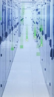 Sunucu odasında düşen ikili kodların ve bilgisayar dilinin animasyonu. Dijital bileşik, çoklu pozlama, kodlama, makine öğrenme, veri merkezi, ağ, teknoloji ve ağ sunucusu.