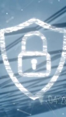 Asma kilit ikonu, biyometrik parmak izleri ve veri işleme animasyonu. Küresel ağlar, dijital arayüz ve dijital olarak oluşturulan veri işleme konsepti.