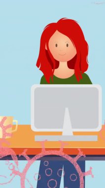 Mavi arka planda dizüstü bilgisayar kullanarak kadın ikonu üzerinde yüzen kovid 19 hücrenin dijital animasyonu. Coronavirüs covid 19 salgın konsepti