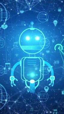 Sohbet robotu simgesi ve veri işleme animasyonu. Küresel yapay zeka, bağlantılar, ağlar, veri işleme ve dijital video arayüzü kavramı.