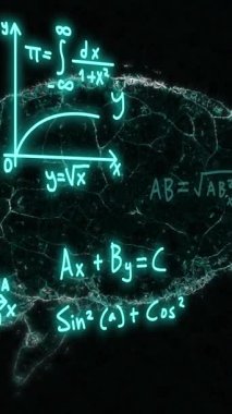 İnsan beyninin animasyonu ve matematiksel veri işleme. Küresel bilim, dijital arayüz, hesaplama ve veri işleme kavramı dijital olarak oluşturulmuş video.