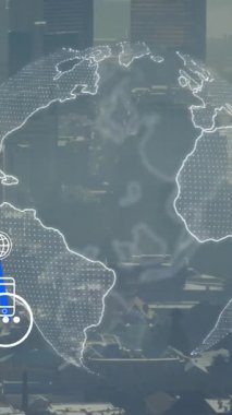 Şehir planındaki gökdelenlerle küresel iletişim animasyonu. teknoloji, bağlantı, ağ