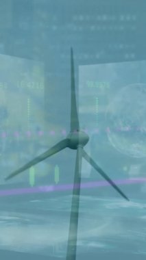 Net gökyüzüne karşı dönen yel değirmenine karşı sayılar ve kürelerle grafiğin animasyonu. Dijital bileşik, çoklu pozlama, rapor, iş, sürdürülebilir enerji, güç üretimi ve teknolji.