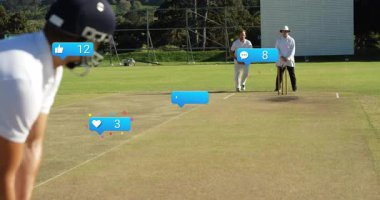 Bowlingci kriket sahasında koşuyor ve topu atıyor. Kalp atışları gibi baloncuklara neden oluyor. Spor, rekabet, açık hava, eylem, çatışma, hayran kitlesi, ilerleme