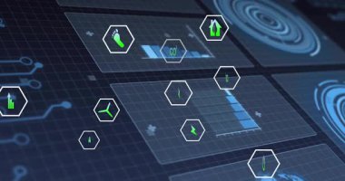 Başlangıçta altıgen simgeleri paneller üzerinde süzülürken çubuklar görselleştirme ölçümlerini doldurur. Yenilik, teknoloji, veri görselleştirme, sürdürülebilirlik, dijital arayüz, geleceksel, analitik